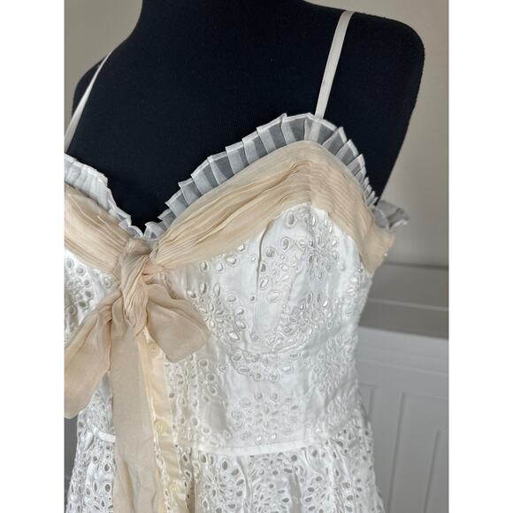 ECI New York 100% Silk Ivory Eyelet Ruffle Mini Spaghetti Strap Dress Size 10 - Picture 3 of 16